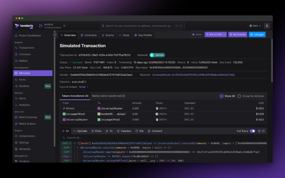 An overview of a transaction simulation on Tenderly