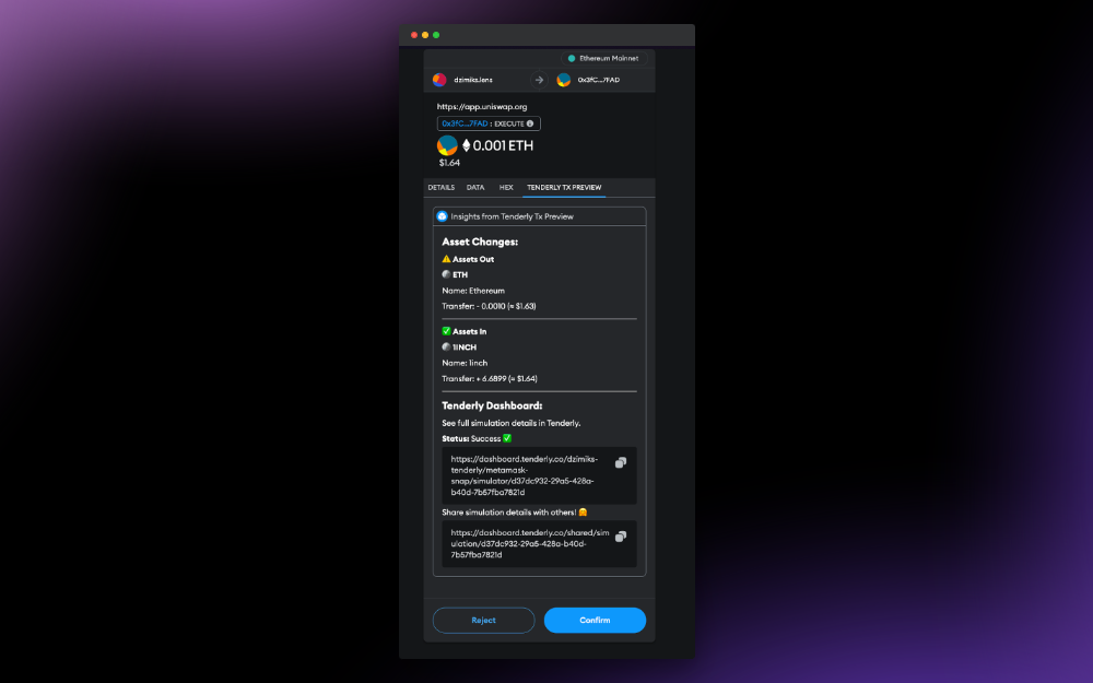 Transaction preview in MetaMask with Tenderly Snap