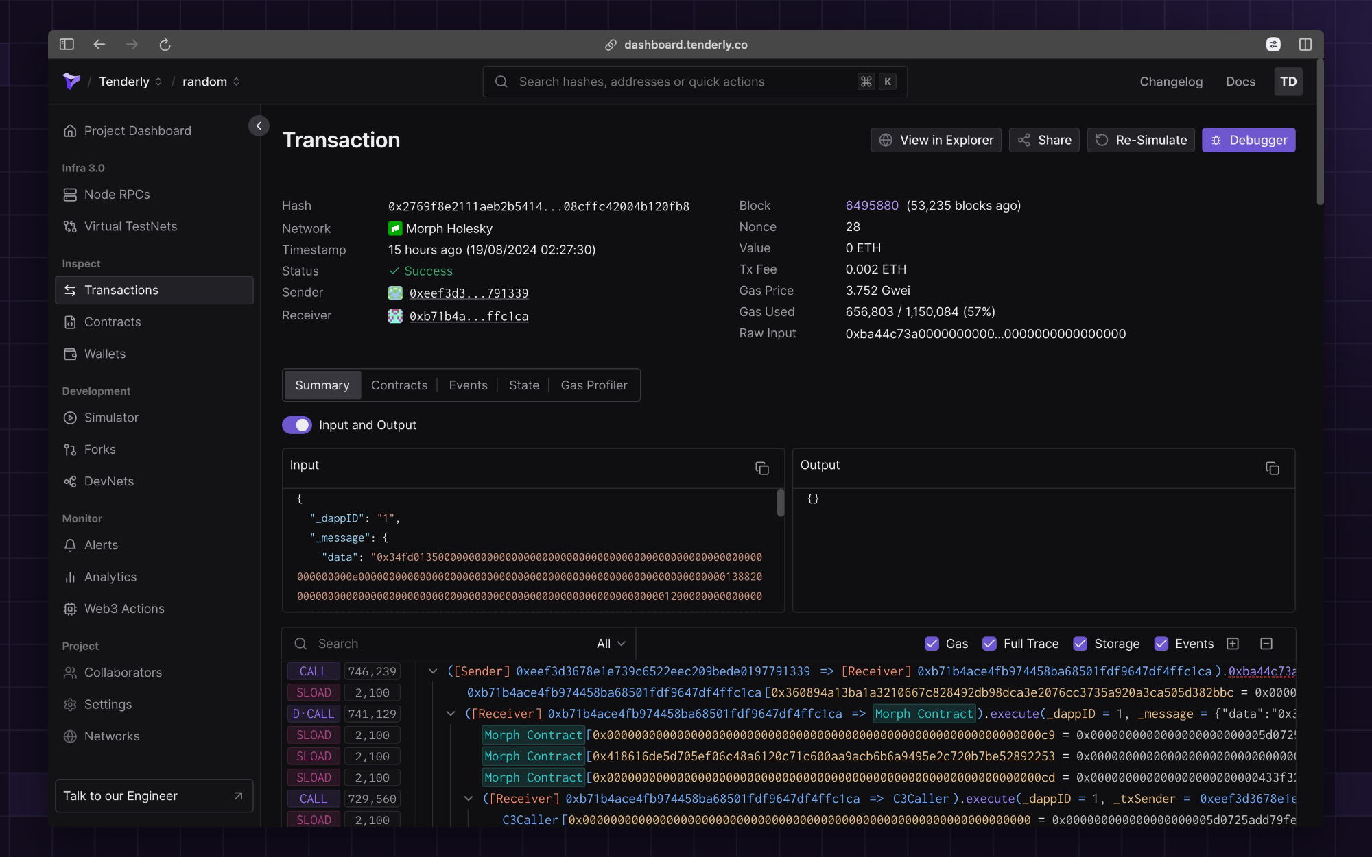 A full transaction overview and trace on Morph Holesky