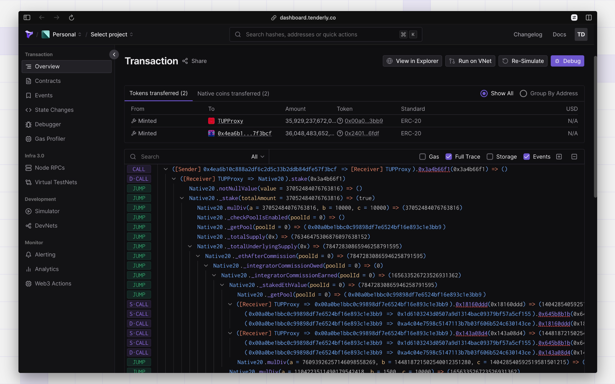 A tree representation of function calls and event logs in a single transaction